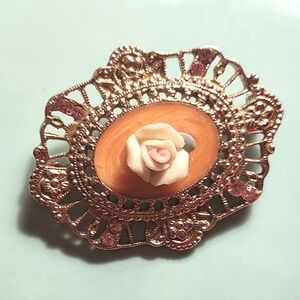 Porcelain Flower on Peach Color Enamel Gold Filigree Brooch